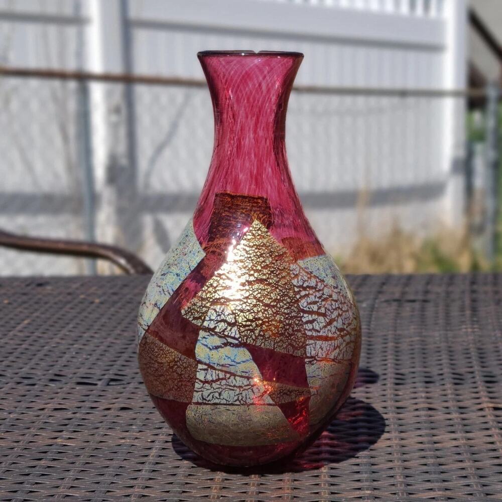 Maltese Phoenician Style Red Art Glass Vase Gold Silver Blue Iridescent